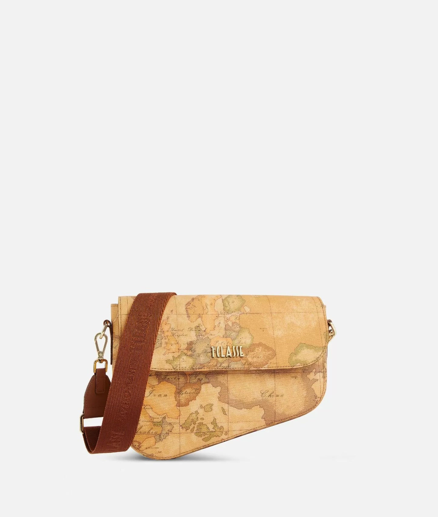 Borsa a tracolla con patta in tessuto stampa Geo Classic Naturale