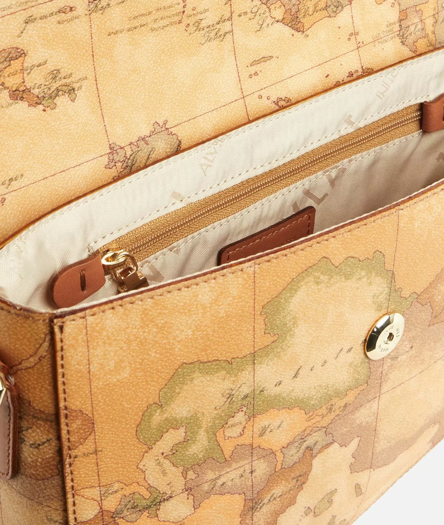 Borsa a tracolla con patta in tessuto stampa Geo Classic Naturale