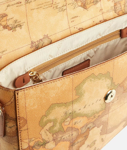 Borsa a tracolla con patta in tessuto stampa Geo Classic Naturale
